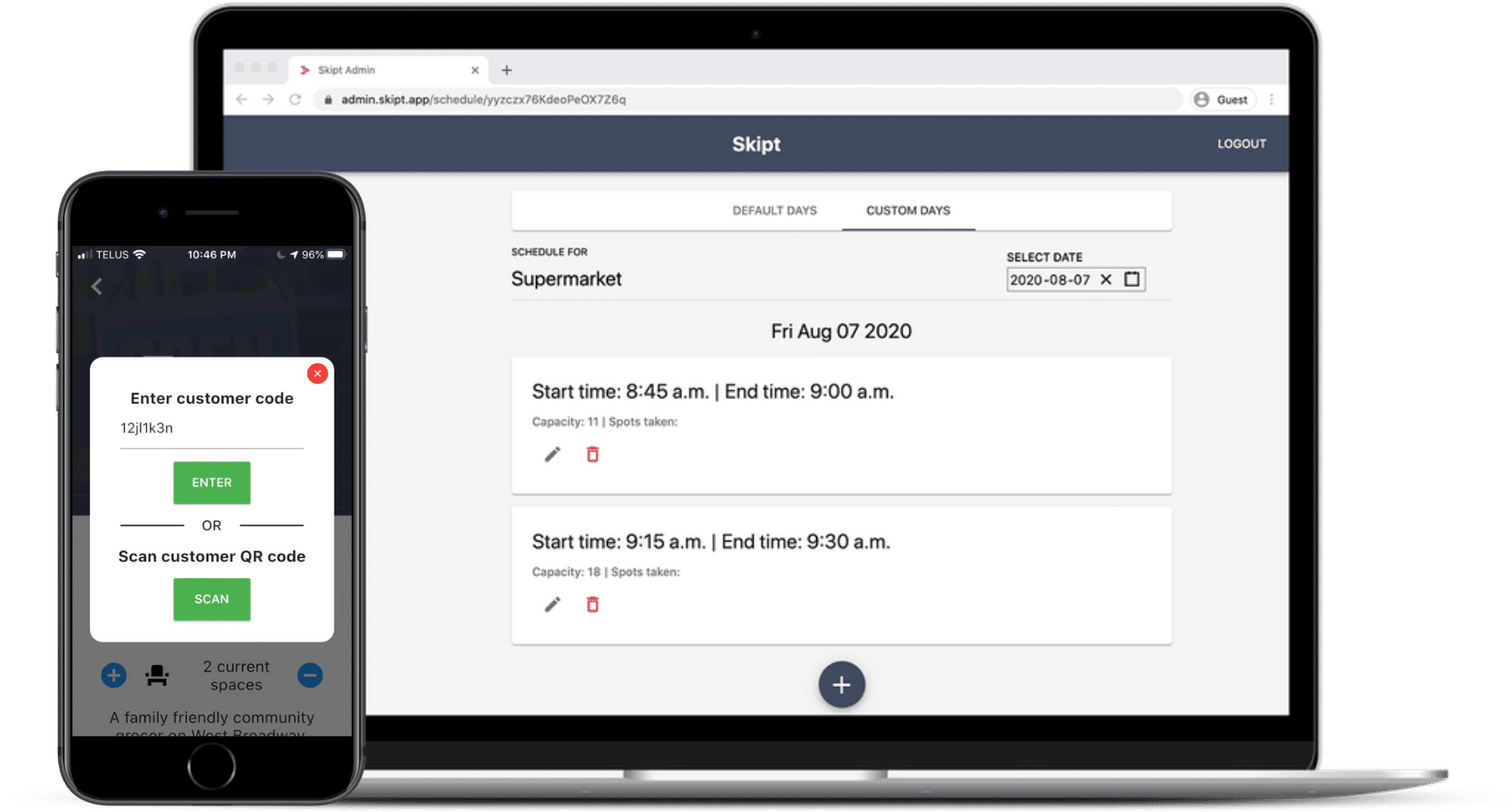 Mockup containing both admin Skipt app and Skipt website